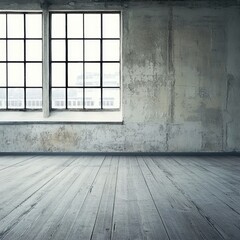 Empty industrial space with large windows and aged concrete walls, wooden floor
