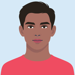 Vector illustration of a young man with dark skin tone, red shirt, and short black hair on a light blue background.