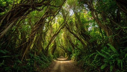 Obraz premium Sunlight dapples a path winding through a dense, verdant forest canopy