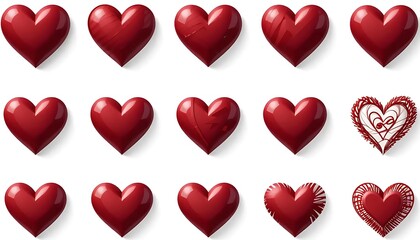 Fototapeta premium Set of glossy and scribbled red hearts in various styles. Perfect for love designs, romantic cards, or social media decorations.