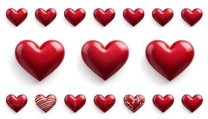Set of glossy and scribbled red hearts in various styles. Perfect for love designs, romantic cards, or social media decorations.