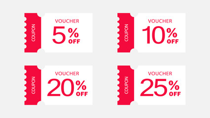5%, 10%, 20%, 25% off sale voucher coupon. Discount promotion voucher coupon illustration. Tag label, sale banner with discount coupon. Red Vector gift voucher.