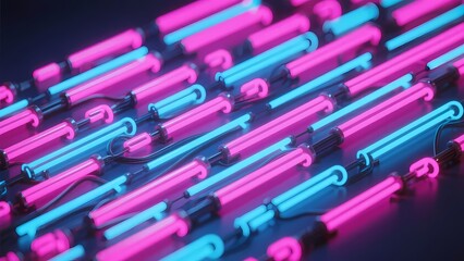 Neon - Lit Fluorescent Tubes in Pink and Blue. This image features rows of neon - lit fluorescent tubes, glowing in pink and blue.