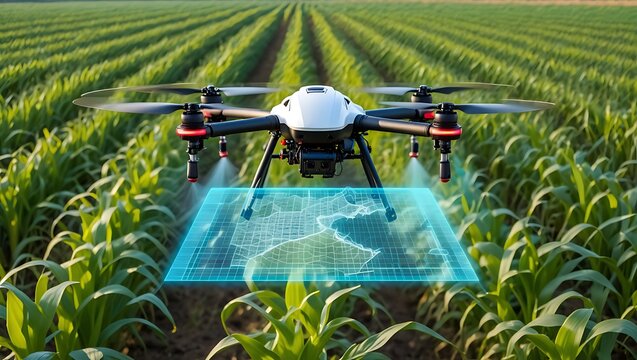 Agricultural Drone Spraying Crops with Holographic Mapping Display Over Farmland - Powered by Adobe