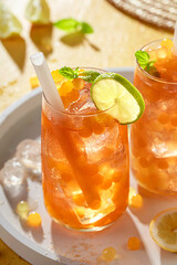 Summer bubble tea with sour fruits and balls with ice.