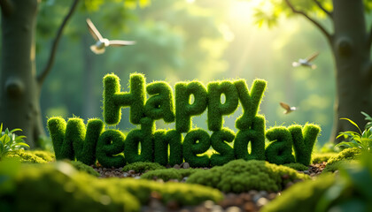 Happy Wednesday Green Text Display in a Forest Scene