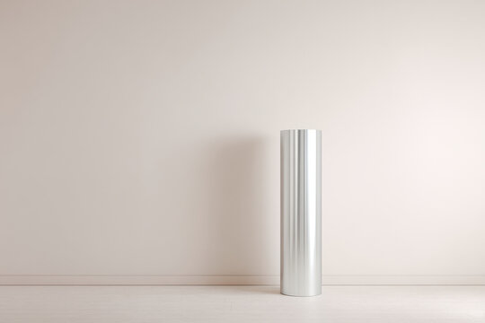 sleek ultrabright metallic cylinder stands prominently against clean neutral background