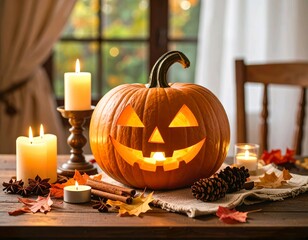 Spooky Halloween Still Life with Glowing Jack-o'-Lantern and Autumn Decor on Dark Wooden Table