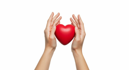 Fototapeta premium Hands holding a red heart, symbol of self-care and compassion, with copy space