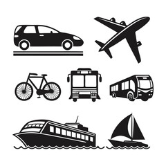 Transportation Icons Car, Plane, Bicycle, Bus, Ferry, Sailboat – A Comprehensive Guide to Travel Modes
