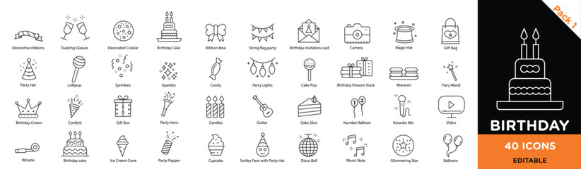 Set of 40 pixel perfect Birthday collection Line icons, Line-style icons illustrating birthday items like cake, gifts, and balloons.