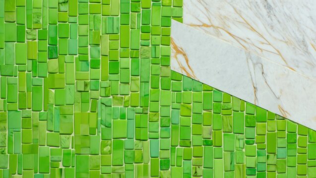 A vibrant green mosaic tile pattern intersects with a section of creamy marble