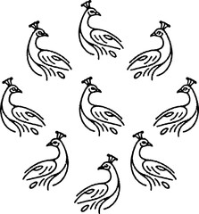 Naklejka premium Elegant group of simple black and white hand drawn peacock bird illustrations for decoration