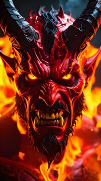 Demon with glowing eyes and horns in front of a dark background