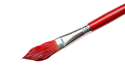 Close-up of a red paintbrush angled, tip highlighted