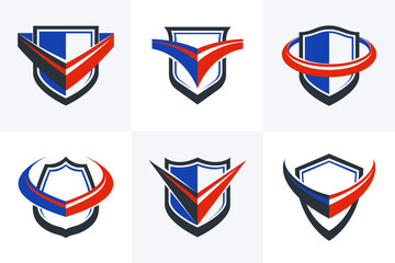 Shield logos vector set, different ammo protection symbols collection, antivirus or sport theme, insurance or guarantee.