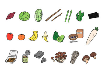 食物繊維が豊富な食べ物の手描きイラストセット