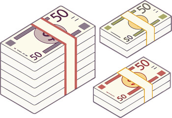 Isometric Stacks of Banknotes in Various Denominations – Vector Illustration