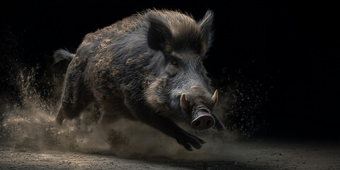 Wild boar in motion through dense forest, symbolizing strength, wilderness, and traditional European hunting heritage.