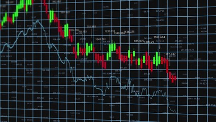 Analyzing Market Trends: A Close Up of Stock Charts Displaying Fluctuating Prices with Distinctive Green and Red Candlesticks
