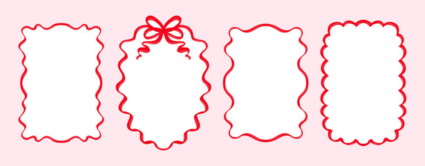 Hand-Drawn Vintage Whimsical Borders with Ribbons and Bows. Curly Frame Set for Coquette Cute Design