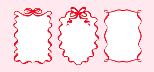 Hand-Drawn Vintage Whimsical Borders with Ribbons and Bows. Curly Frame Set for Coquette Cute Design