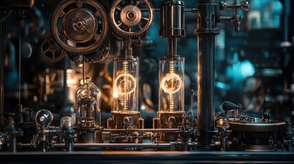Fototapeta premium Intricate steampunk machinery with glowing elements showcases engineering creativity and design during dusk hours
