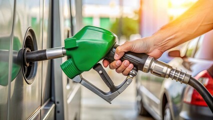 A hand holding a gas can with fuel pouring into a diesel nozzle at a pump station
