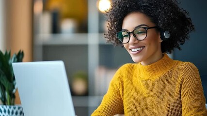 Smiling woman with curly hair wearing glasses and yellow sweater working laptop home office, feeling happy and focused modern workspace, young woman smiling and working laptop cozy home office - Powered by Adobe