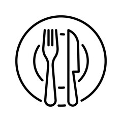 A plate knife fork outline icon, ideal for food apps or dining interfaces