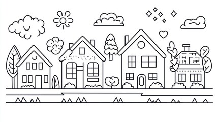 Fototapeta premium Cute, simple line drawing of a row of houses with stylized landscaping, sun, clouds, and decorative elements
