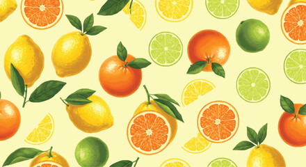 Seamless pattern of fresh citrus fruits including oranges, lemons, and limes on a white background, perfect for a healthy food collection