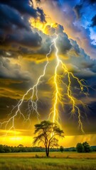 Electric yellow lightning strikes a stormy sky with tall dark clouds and trees swaying in the wind