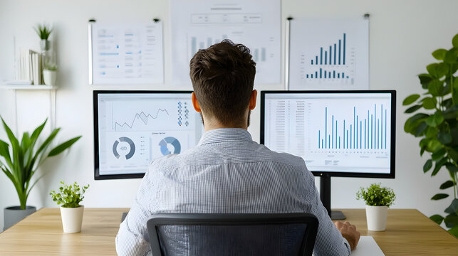 A man analyzes data and charts on dual monitors in a modern office workspace with plants and graphs on the wall.