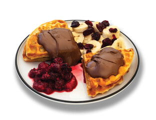 Waffles with Chocolate Spread, Banana Slices, Dried Cranberries, and Berry Compote on a Plate
