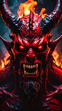 Demon with red eyes and horns in front of a fire