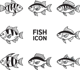 A collection of hand drawn fish icons in black and white for design purposes