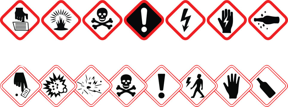 Hazard Pictograms Set, White Background Red Bordered Diamond Shape, Warning Symbol Designs
