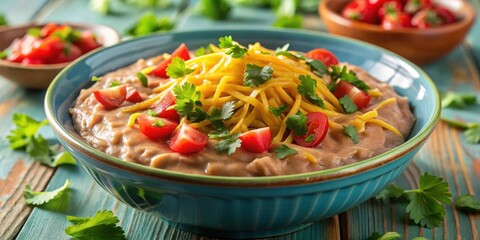 Creamy refried beans with various toppings such as shredded cheese