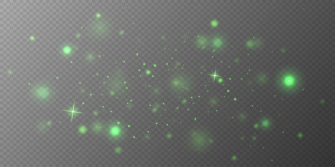 Sparkling green dust particles. Light effect of glare and stars. On transparent background. Vector EPS 10.