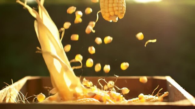 Falling corn kernels in a wooden box with some ears of corn at the bottom