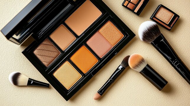 Warm toned makeup palettes and brushes flatlay
