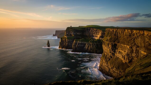 Golden sunset bathes the majestic cliffs of moher, ireland, waves crashing below