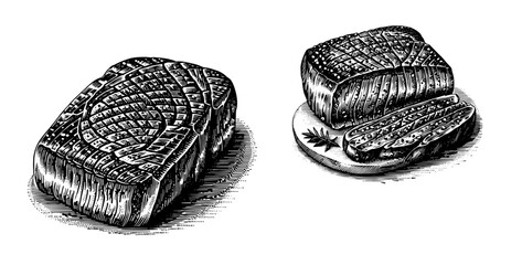 Engraving style drawing of Raw Meat set for meat products and vintage menus