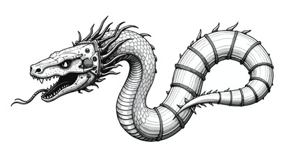 Obraz premium Steampunk Serpent Dragon Vector Illustration – Mechanical Snake-Like Creature with Gears and Armor Plating – Black and White Fantasy Sci-Fi Reptile Drawing