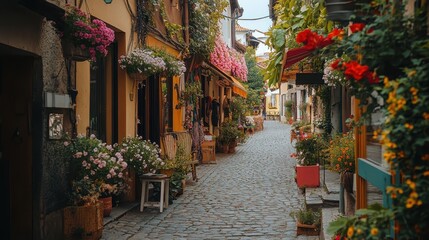 Fototapeta premium Charming cobblestone street adorned with flowers in a historic village square during the late afternoon light