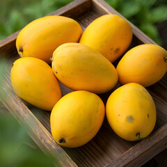 Fresh Ripe Yellow Mangoes in Wooden Tray &ndash; Organic Tropical Fruit Display Outdoors

