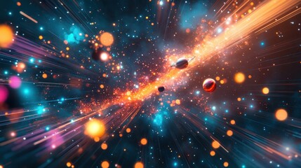 Vibrant trails of light create a dynamic cosmic scene in a futuristic environment with glowing particles and colors