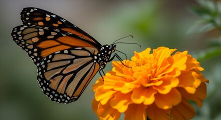 Fototapeta premium Monarch Butterfly on Vibrant Orange Marigold Flower: Close-Up Nature Photography