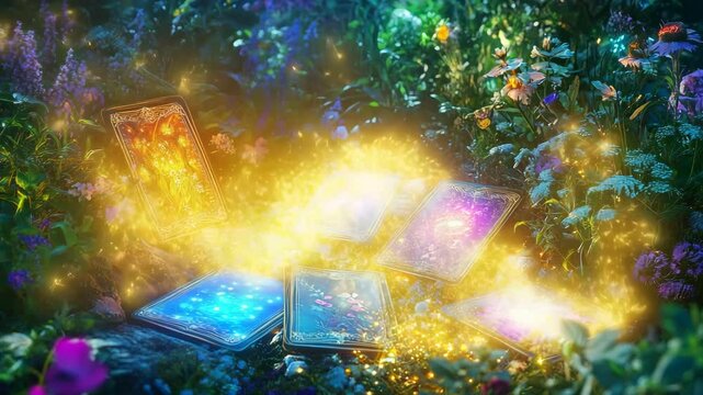 tarot, magic, flowers, fairy forest, glowing cards, mystic garden, oracle deck, enchanted scene